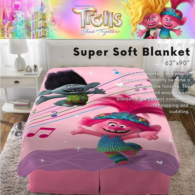 DreamWorks Trolls 3 Band Together Movie Kids Bedding Super Soft Plush Throw Blanket, 62 in x 90 in, (Officially Licensed Product), By Franco