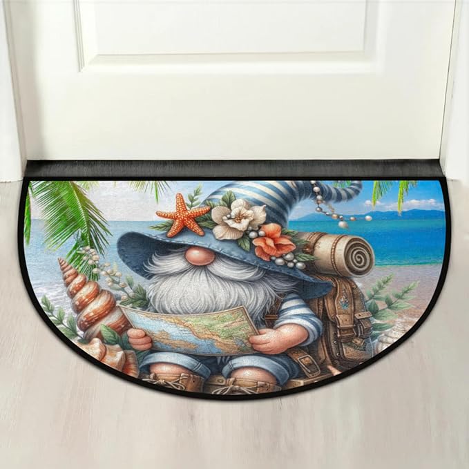 Half Round Door Mat Palm Trees Gnome Non Slip Half Moon Rug Indoor Entrance Washable Half Circle Area Rugs Semi Circle Bathroom Rugs Floor Carpet for Kithen Bedroom Fireplace Decor