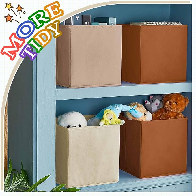 Yinder 12 Pcs Cube Storage Bin Brown 10.5''x10.5''x11'' Storage Bins for Kids Classroom Decor Colorful Bins Foldable Baskets for Playroom Nursery Organizer Fabric Boxes (Brown, Beige, Khaki )