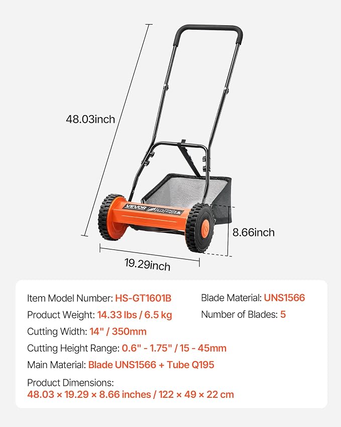VEVOR Push Reel Lawn Mower 14 inch, 5 Blades Manual Push Mower No Motor, 0.6-1.75 in Adjustable Cutting Height, Walk-Behind Lawn Mowers with Grass Catcher Bag for Green Lawns, Driveways, Courtyards