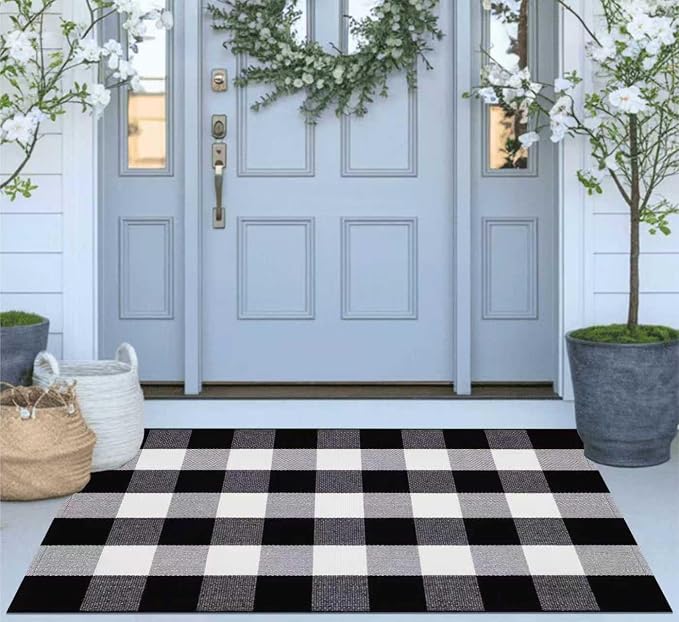 Black and White Layered Doormat 27.5''X 43.3''Checkered Outdoor Rug Cotton Woven Washable Door Mats Outdoor for Welcome Hello Door Mat Porch Entryway Bedroom Living Room
