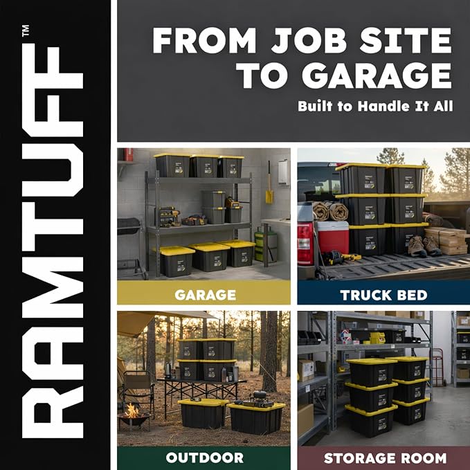 Ramtuff Heavy Duty Stackable Storage Container with Lid, 27 Gallon, 6-Pack | Weather-Resistant Organization Tote with Snap-Tight Lid, for Garage, Basement, Attic, Shed, Closet & Moving