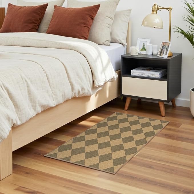 Lessymo Entryway Rug 2x3, Washable Easy Jute Checkered Indoor Outdoor Rug | Non Slip Front Door Mats for Kitchen Porch Bathroom Bedroom Bedside, Farmhouse Carpet, Kid Pet Friendly, Diamond Brown/Beige