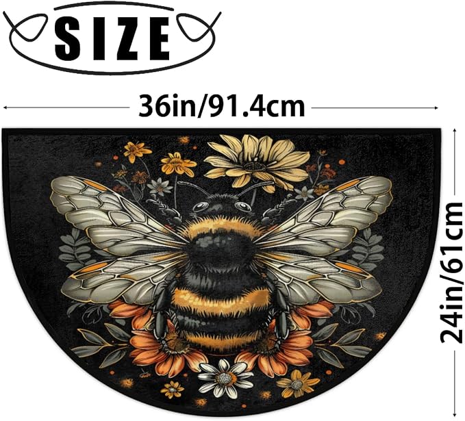 Pardick Half Round Door Mat Cute Bee and Flowers Anti-Slip Semi Circle Rug 24X36 Indoor Door Mat Half Moon Bath Mat, Washable Decorative Floor Mat for Kitchen Bathroom Hearth Fireplace