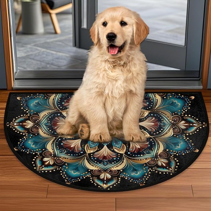 Boho Bohemia Colorful Half Round Door Mat Non-Slip Semi Circle Rug Washable Half Moon Floor Rug Absorbent Bathroom Area Rugs for Outdoor Indoor Fireplace Mat Entryway Kitchen Decor Rugs