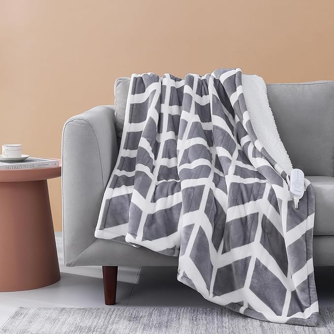 Heated Throw Blanket, 5 Heat Levels & 3 Hours Auto Off, Grey | ETL & FCC, fast warming, 50" x 60", flannel and sherpa, couch office use, machine washable, removable controller