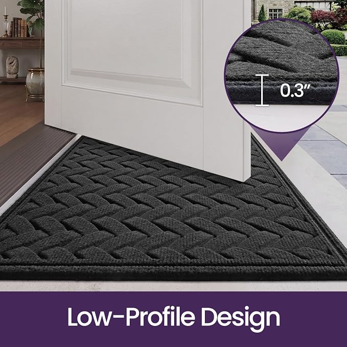 DEXI Front Door Mat Outside Entrance, 17x30 Heavy Duty Entry Doormat Dirt Trapper with Rubber Back, Non Slip Low Profile Floor Mats for Entryway Exterior Patio, Wave Charcoal