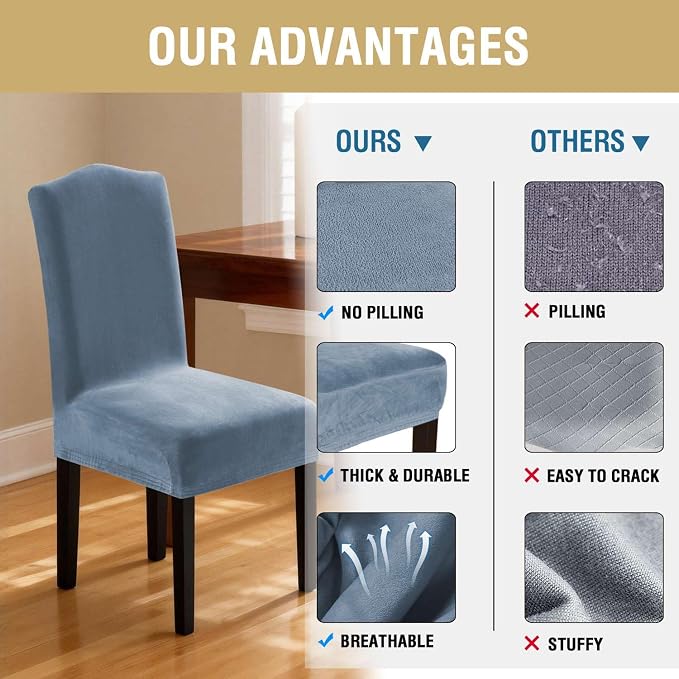 H.VERSAILTEX Velvet Dining Chair Covers Stretch Chair Covers for Dining Room Set of 6 Parson Chair Slipcovers Chair Protectors Covers Dining, Soft Thick Solid Velvet Fabric Washable, Stone Blue