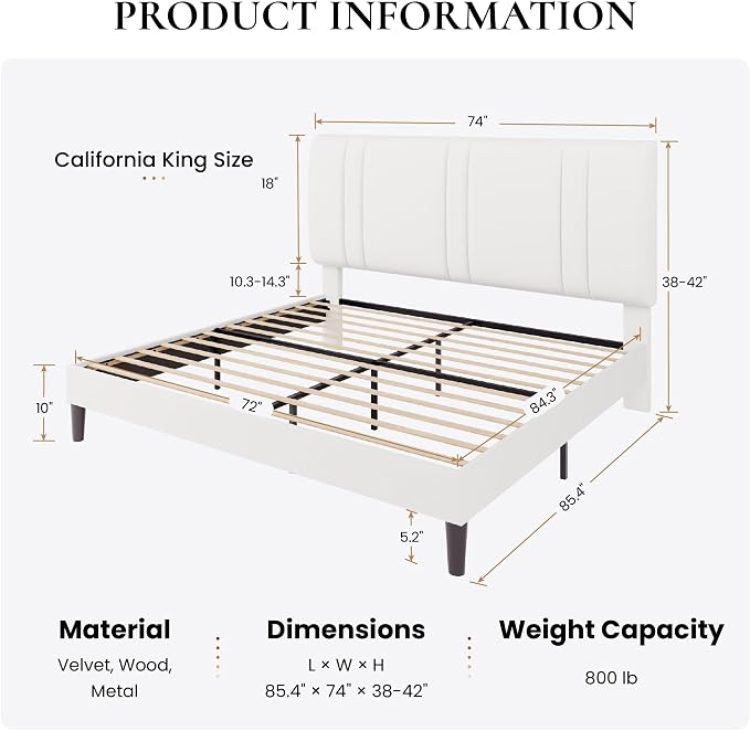SHA CERLIN California King Bed Frame, Velvet Upholstered Bed with Adjustable Headboard, Vertical Channel Tufted Design, Sturdy Wood Slat Support, No Box Spring Needed, Easy Assembly, White