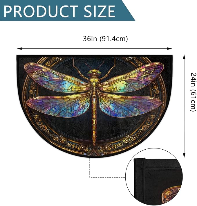 Dragonfly Half Round Door Mat Non Slip Half Circle Rugs | Black Art Washable Half Moon Rug Semi Circle Rugs Indoor Entrance Floor Carpet for Kithen Bedroom Fireplace Decor