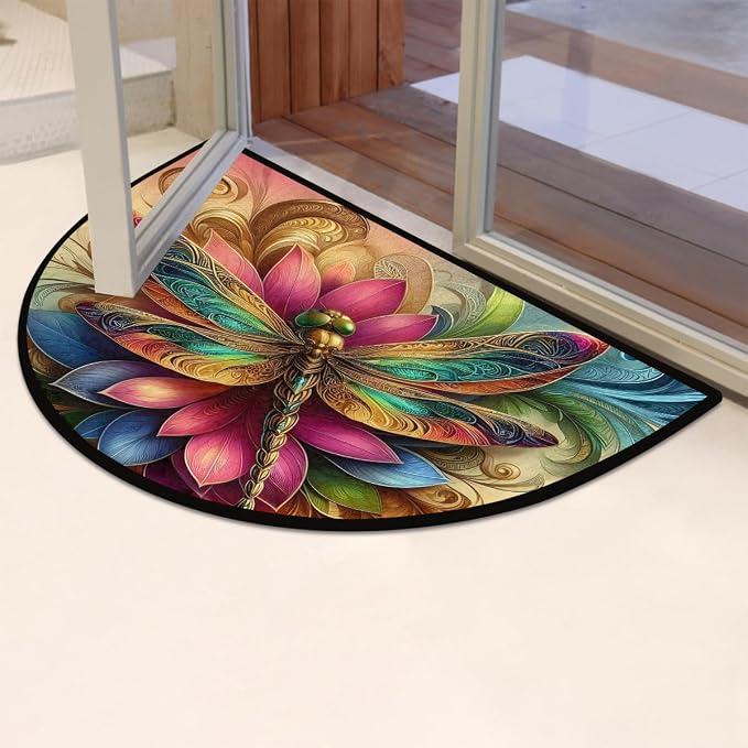 Colorful Dragonfly Gold Half Round Mat Half Moon Door Rug Washable Durable Semi Circle Carpet Floor mats for Indoor Outdoor Bathroom Kitchen Patio Hearth Rug Laundry Room Home Decoration