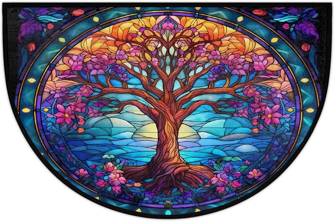 Tree of Life Half Round Door Mat Non Slip Half Circle Rugs | Art Rainbow Washable Half Moon Rug Semi Circle Rugs Indoor Entrance Floor Carpet for Kithen Bedroom Fireplace Decor