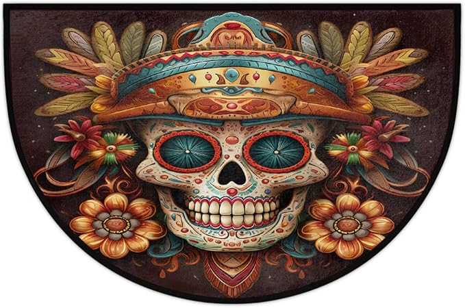 Flower Skull Half Round Door Mat Non Slip Half Circle Rugs | Ethnic Goth Washable Half Moon Rug Semi Circle Rugs Indoor Entrance Floor Carpet for Kithen Bedroom Fireplace Decor
