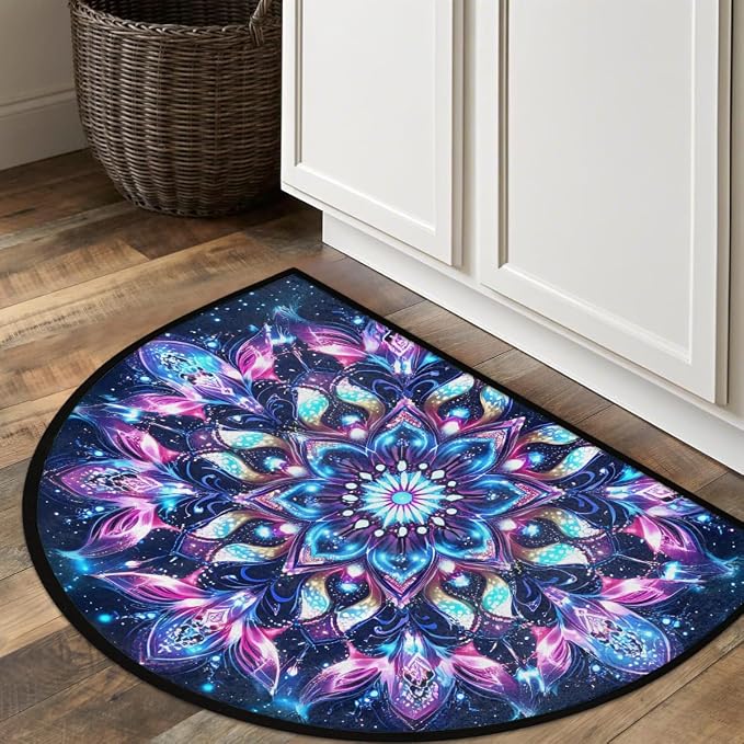 Mandala Half Round Doormat Semi Circle Rug Half Moon Rug Entryway Mat | Blue Flower Washable Non Slip Outdoor Floor Rug Kitchen Mat for Indoor Outdoor Bathroom Fireplace Bath Decor