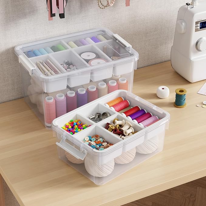 40Qt Large Stackable Storage Bin with Lid & Tray, Clear Plastic Latching Box Organizer with Divider Portable 10Gal Container for Arts & Crafts, Home and Car Trunk Organization, 1Pack