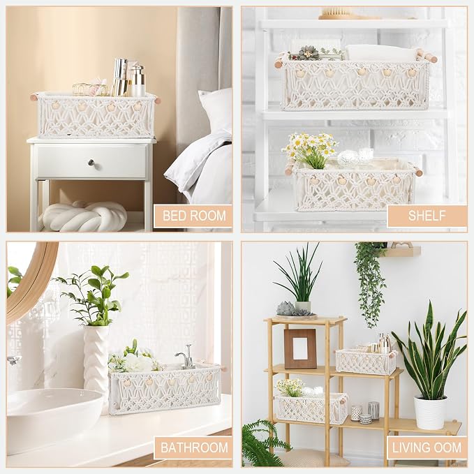 Vesici 4 Pcs Boho Macrame Storage Basket for Shelves 13" 11" Neutral White Storage Basket Hand Woven Box with Wood Handles Beads Decorative Countertop Toilet Cabinet Organizer for Home Decor