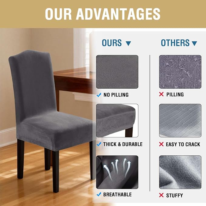 H.VERSAILTEX Velvet Dining Chair Covers Stretch Chair Covers for Dining Room Set of 2 Parson Chair Slipcovers Chair Protectors Covers Dining, Soft Thick Solid Velvet Fabric Washable,Grey