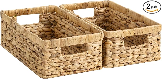 StorageWorks Rectangle Wicker Baskets for Organizing, Decorative Basket, Water Hyacinth Baskets with Handles, Wicker Storage Baskets for Shelves, 2-Pack, 13" L x 8¼"W x 4¾"H