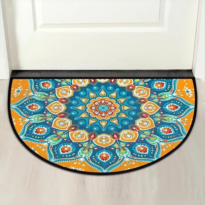 cfpolar Half Round Door Mat Semi Circle Non-Slip Bathroom Floor Rug, Ethnic Mandala Outdoor Welcome Entrance Way Mat Indoor Absorbent Kitchen Mat for Bedroom,Patio,Garage,Home 36" x 24"