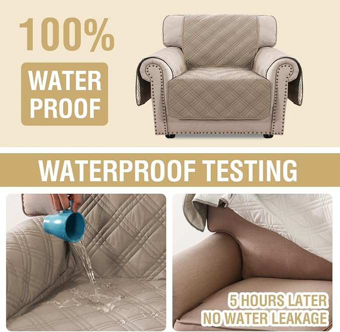 H.VERSAILTEX 100% Waterproof Chair Covers with Arms Modern Chair Seat Covers Thick and Soft Armchair Cover with Elastic Straps(Chair, Taupe/Beige
