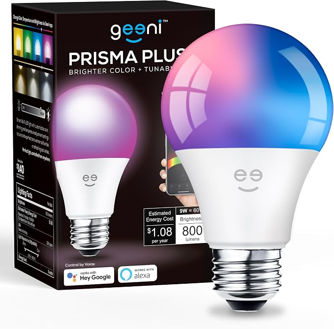 Geeni Prisma Plus Smart Light Bulb, 800 Dimmable Color-Changing LED, Tunable White, Works with Alexa & Google Home, Wi-Fi Control, App-Enabled A19 Smart Bulb, Energy Efficient, 1-Pack