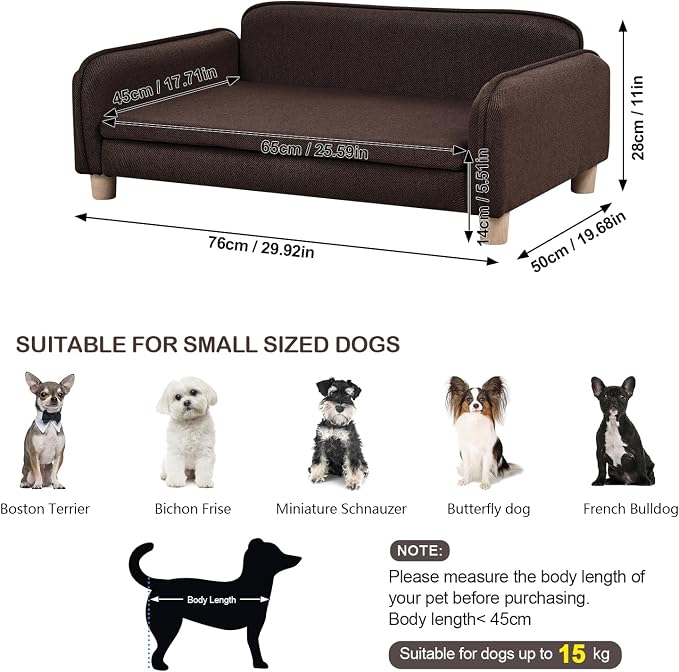 Big Sized Dog Bed -Wooden Frame Pet Sofa Couch, Washable Cushion Cat Couch, Linen Fabric Dog Sofa and Chair for Medium Pet Rest. (Brown)