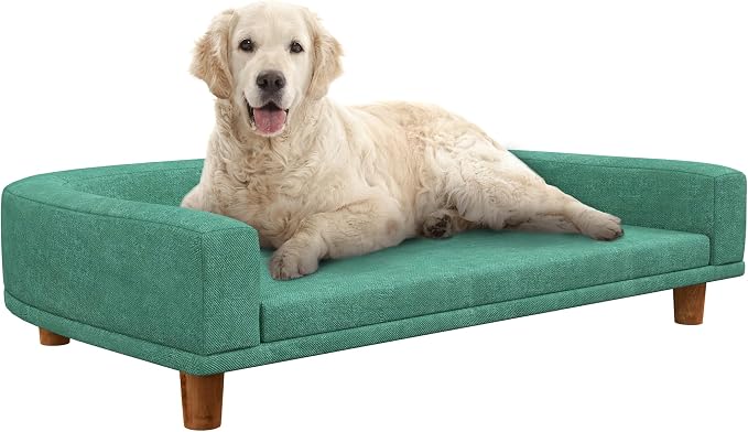 PawHut Dog Sofa Couch, Pet Bed with Comfortable Luxury Cushion, Washable Cover, Wooden Legs, Anti-Slip Mat for Large Dogs, Cats, Kittens, Green