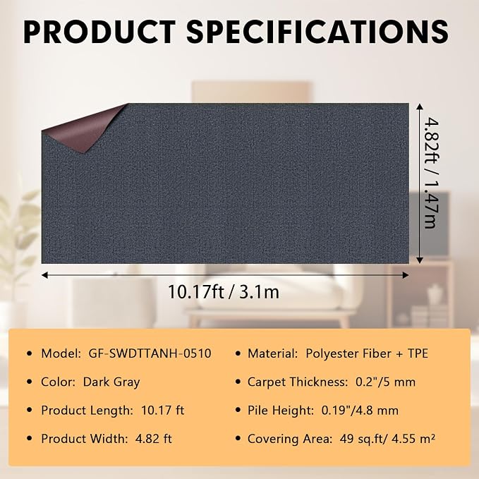 Grefinity Marine Carpet,5 FT x 10 FT Dark Gray Indoor Outdoor Carpet 0.2" Thick Boat Rug with Water-Proof TPE Backing for Home, Patio, Porch, Deck
