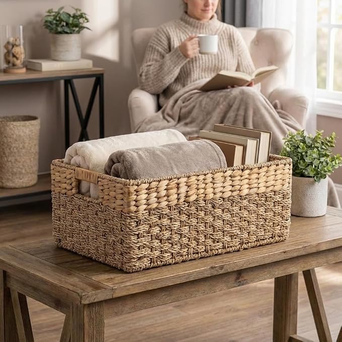Large Wicker Storage Baskets with Handles, 17 x 11 x 7.5 Inches | Natural Seagrass and Hyacinth, Woven Storage Basket, For Organizing Shelves, Closet, Pantry, Living Room