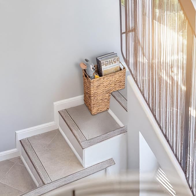 YAHUAN Stair Basket with Handles, Woven Water Hyacinth Stair Baskets for Carpeted Stairs, Stair Storage Basket Staircase Basket for Wooden Stairs (Water Hyacinth)