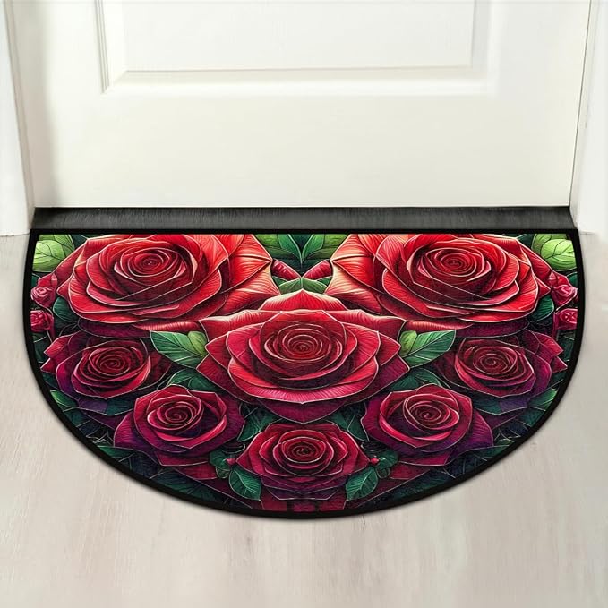cfpolar Half Round Door Mat Flower Red Rose Non-Slip Semi Circle Area Rug Washable Half Moon Hearth Rugs for Indoor Outdoor Bathroom Kitchen Patio Runner Mat Laundry Room Home Decoration