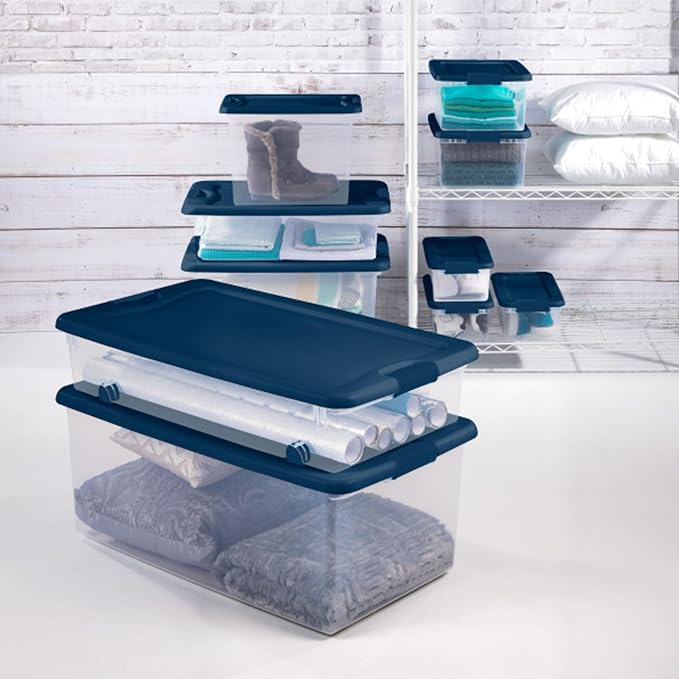 Sterilite Color Program, Large Clear Plastic Storage, 64 Quart, 12-Pack | Clear Bins with Blue Lids - Stackable Organizing Container Boxes for Closet, Bathroom, and Office