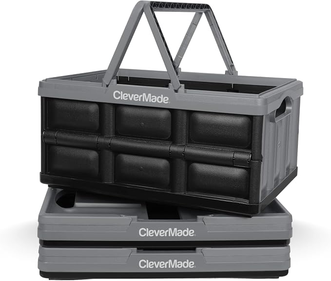 CleverMade Collapsible Shopping Basket, 32L, 3 Pack, Stone | Rigid walls support up to 35 lb, while top and side handles balance heavier grocery, laundry, or gear loads.