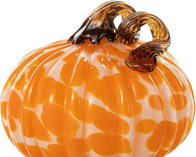 Glitzhome Set of 3 Hand Blown Glitter Glass Pumpkin Table Accent Home Decor for Fall & Harvest Thanksgiving Decorating, Orange Dots