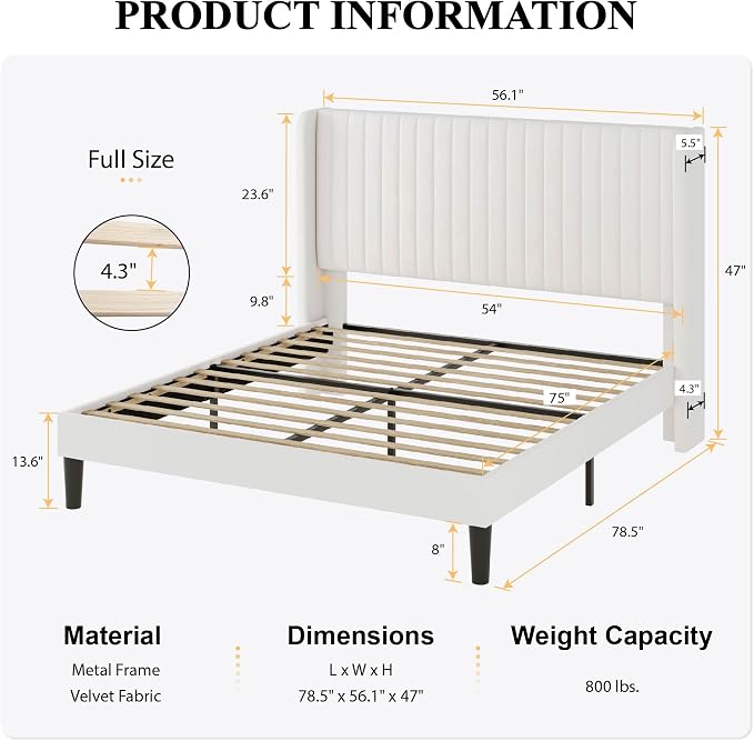 SHA CERLIN Full Size Velvet Bed Frame, Tufted Wingback Headboard, White | 47'' Modern Vertical Channel Headboard, Upholstered Platform Bed, Wood Slats, No Box Spring Needed, Easy Assembly, Noise Free