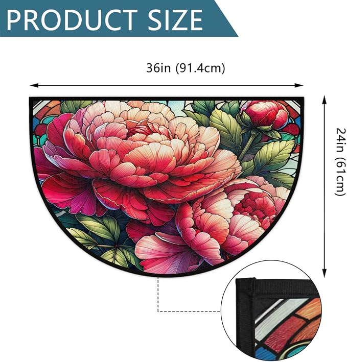 Flower Floral Peony Half Round Door Mat Non-Slip Semi Circle Rug Washable Half Moon Floor Rug Absorbent Bathroom Area Rugs for Outdoor Indoor Fireplace Mat Entryway Kitchen Decor Rugs