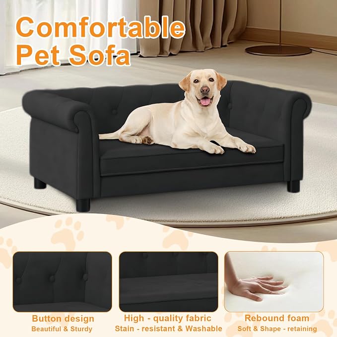 Dog Sofa for Small & Medium Dogs | Removable & Washable | No Assembly Required | Breathable Linen Fabric | Soft Foam |Floor-friendly sofa legs |Black