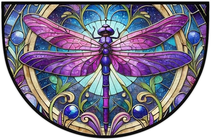 Purple Dragonfly Glass Painting Half Round Mat Half Moon Door Rug Washable Durable Semi Circle Carpet Floor mats for Indoor Outdoor Bathroom Kitchen Patio Hearth Rug Laundry Room Home Decoration