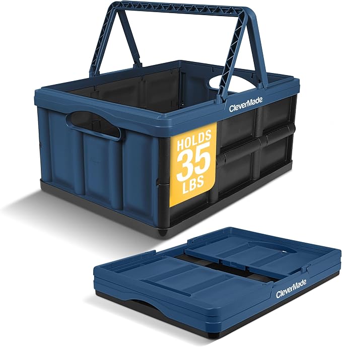 CleverMade Collapsible Shopping Basket, 32L, Recycled Plastic, Ocean | Rigid walls support up to 35 lb, while top and side handles balance heavier grocery, laundry, or gear loads.