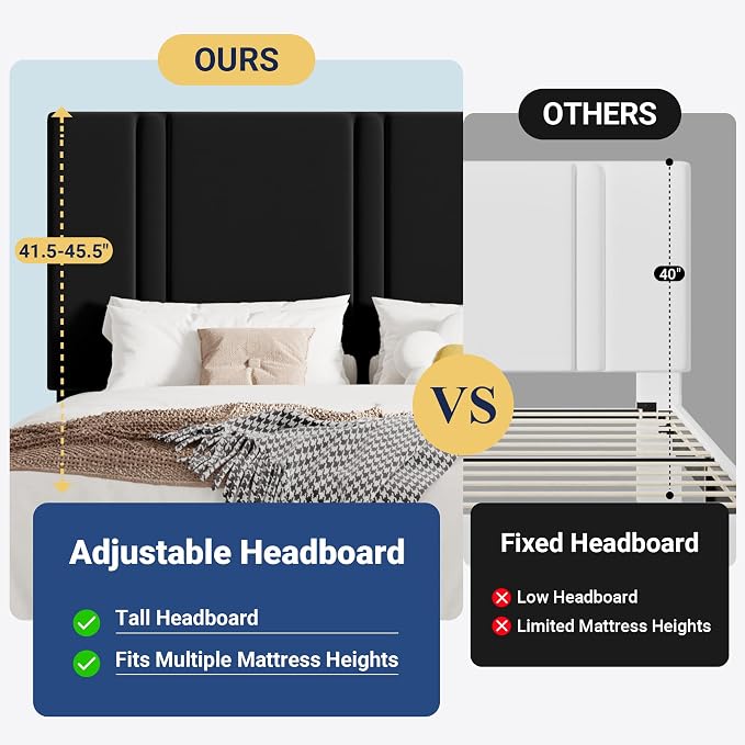 Allewie Full Size Platform Bed Frame with Adjustable Headboard | Plush Velvet Upholstered, Vertical Channel Tufted, Sturdy Wood Slats, No Box Spring Needed, Easy Assembly, Black