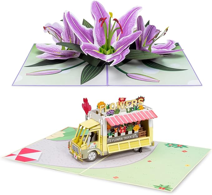 Paper Love Pop Up Cards 2 Pack - Includes 1 Lilies and Flower Truck, for All Occasions, Mother Day, Birthday, Just Because- Includes Envelope and Note Tag