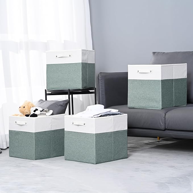 FinishingBo 13x13x13 Storage Cube Bins 4 Pack, Cube Shelf Baskets | Foldable Storage Cubes, Linen Storage Bins with Handles, Closet Organizers, White/Green