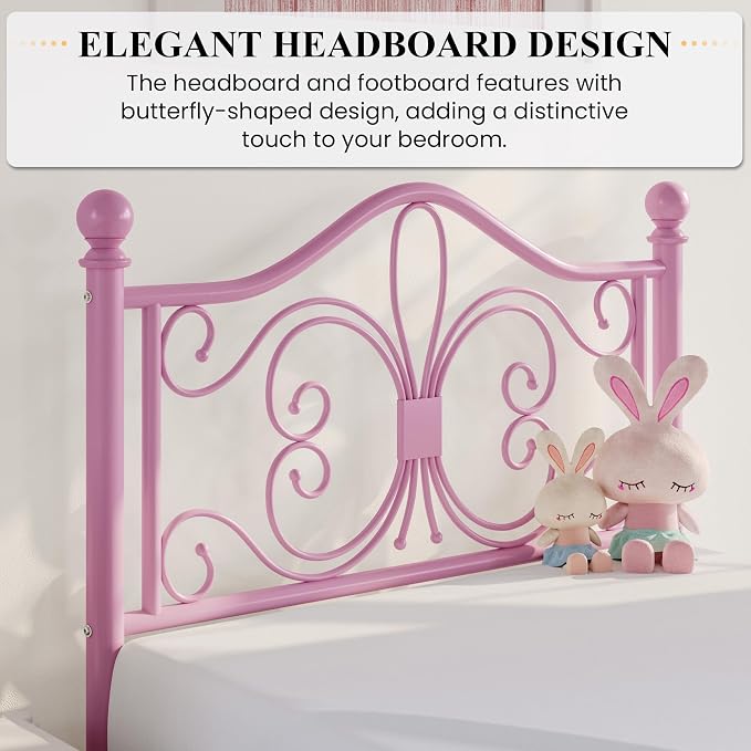 SHA CERLIN Twin Size Metal Bed Frame with Butterfly Headboard, Pink | Metal Platform Bed for Kids, Wrought Iron-Art Headboard/Footboard, Under-Bed Storage, No Box Spring Needed, Easy Assembly