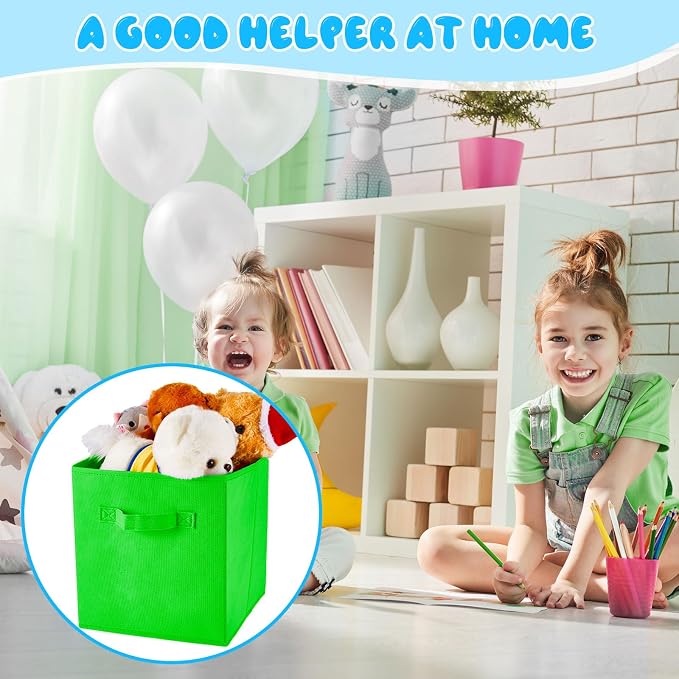 Yinder 12 Pcs Cube Storage Bin 10.5''x10.5''x11'' Storage Bins for Playroom Decor Colorful Bins for Kids Foldable Baskets for Nursery Organizer Boxes Fabric Boxes (Sky Blue, Green, Yellow, Dark Blue)