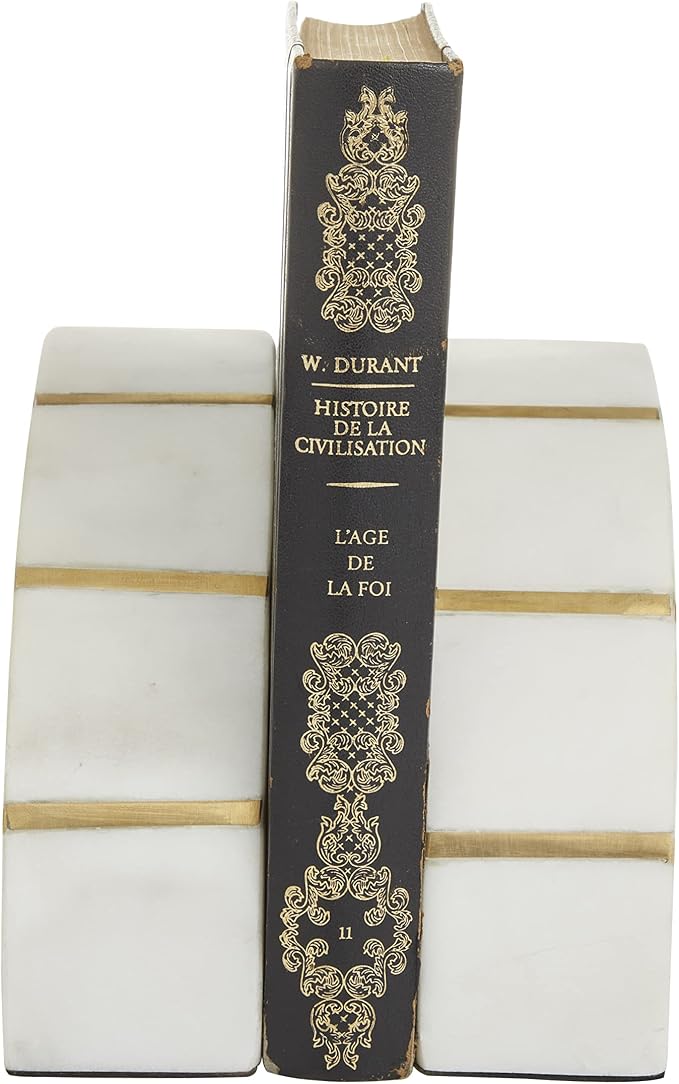 CosmoLiving by Cosmopolitan Marble Geometric Decorative Bookends 9 lbs Non Skid Bookends with Gold Inlay, Set of 2 Office Bookends5"W, 5"H, White
