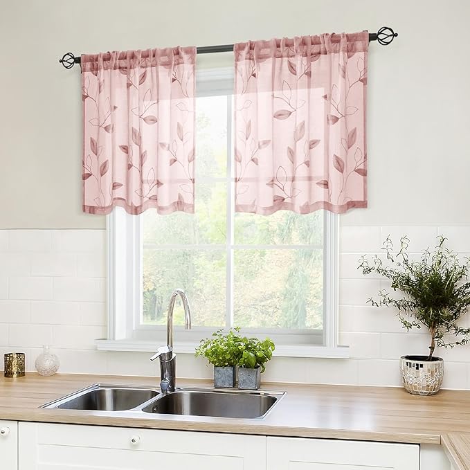 HOMEIDEAS Blush Pink Sheer Kitchen Curtains 30 X 24 Inch Length 2 Panels by HOMEIDEAS