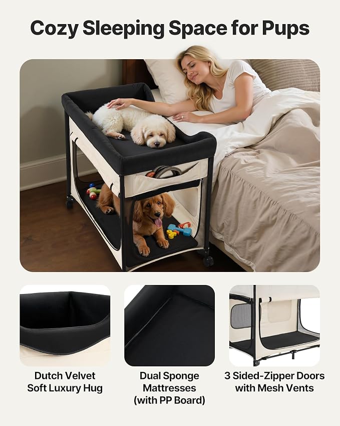 VEVOR Bedside Lounge Pet Bed, Foldable Bunk Dog Bed with 600D Oxford Cloth and Dutch Velvet, Portable Raised Cot with Wheels, Side Storage Bags, and Carry Bag for Cats & Dogs, XL, Beige