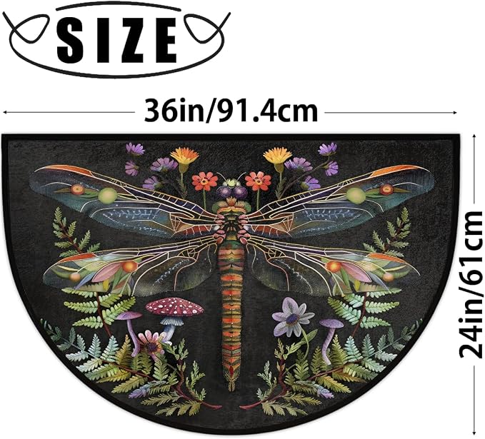 Dragonfly Half Round Doormat Washable Semi Circle Rug Kitchen Outdoor Rugs | Dragonfly Half Moon Rugs Non Slip Absorbent Entrance Floor Mat for Indoor Outdoor Bathroom Bedroom Fireplace Carpet Decor