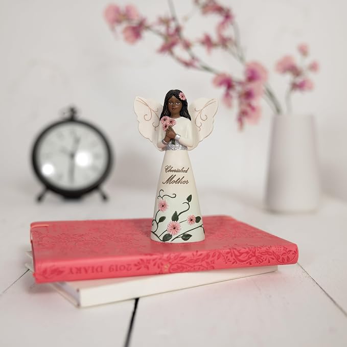 Pavilion Gift Company - Cherished Mother - 5" Ebony African American Angel Figurine Floral Spring Home Decor Mommy Mama Mom Present from Daughter Son Kids