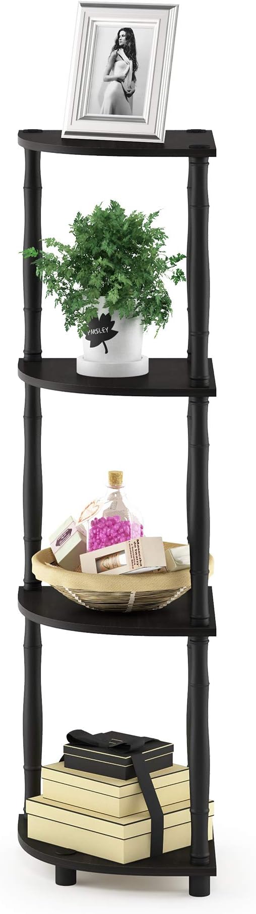Furinno TURN-N-TUBE Toolless 4-Tier Corner Shelf, Bookshelf, Display Storage Shelves with Open Shelves, for Organization and Storage, Living Room, Home Office, Garage, Espresso
